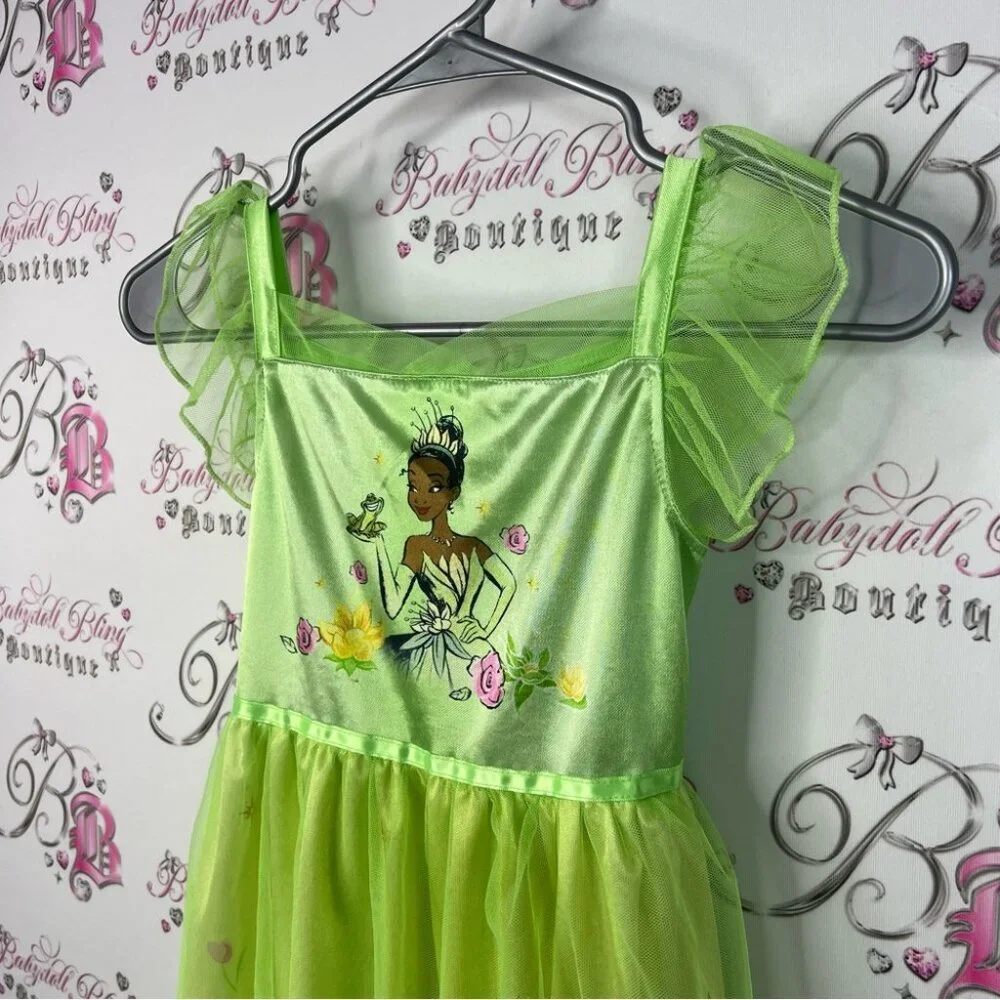 Disney dress costume frog floral ruffle Princess Lime Green Dress Halloween